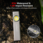 Klarus E5 flashlight on a tree trunk with waterproof and impact resistant features highlighted.